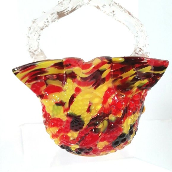 1920s Czech Art Glass Basket FRANZ WELZ Twisted Thorn Loop Red Yellow Black BOHO - Picture 7 of 12